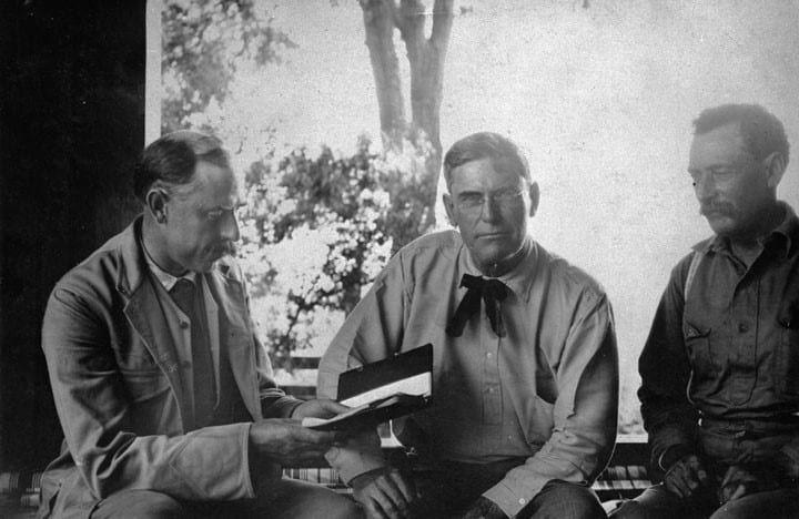 (August 6, 1906)- The three fathers of the LA Aqueduct - left to right: Joseph B. Lippincott, Fred Eaton, and William Mulholland. This photograph appeared in the Los Angeles Times on August 6, 1906, less than a week after Lippincott's resignation from the Reclamation Service became effective.