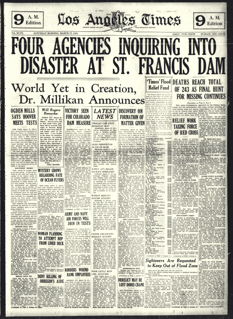 Los Angeles Times, March 17, 1928, reporting on the investigations which followed the St. Francis Dam disaster. 