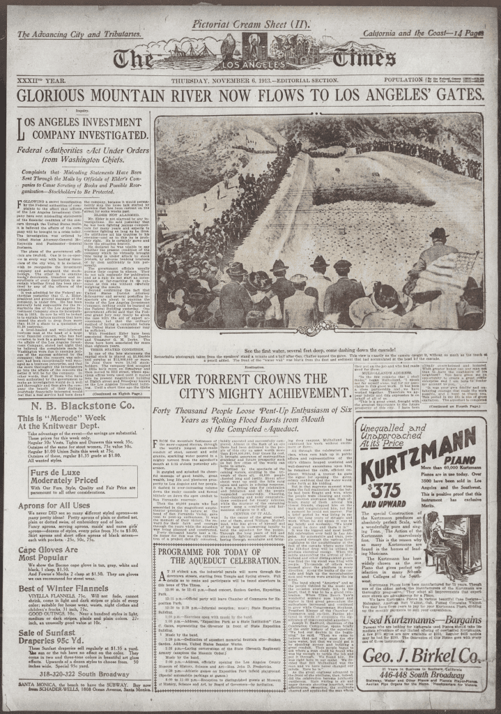 Los Angeles Times, November 6, 1913 reporting on the opening day ceremony for the Los Angeles Aqueduct. 