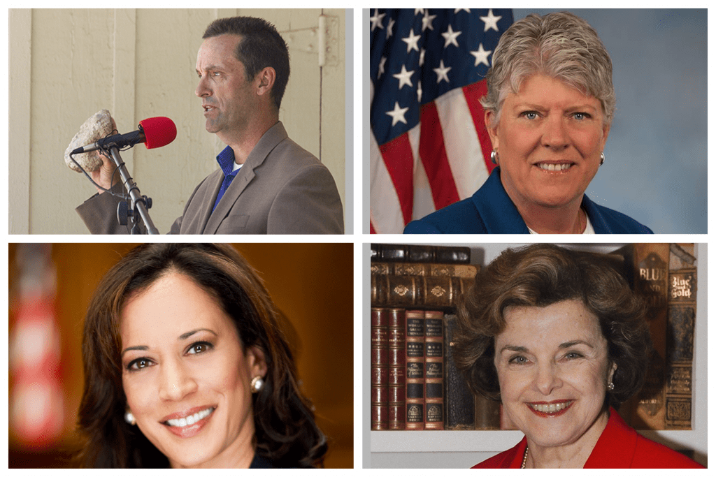 Congressman Steve Knight holding piece of St. Francis Dam at press conference, Congresswoman Julia Brownley, Senator Kamala Harris, Senator Dianne Feinstein. Sponsors of the various National Memorial bills.