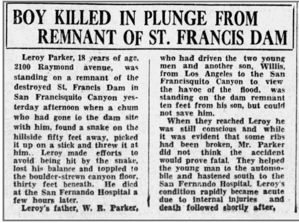 Los Angeles Times, May 28, 1928, Page 19. Le Roy Parker, the last victim of the St. Francis Dam disaster. 