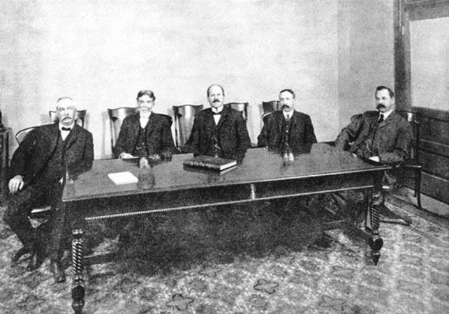 The Board of Water Commissioners of the LA Department of Water and Power at the time of the building of the LA Aqueduct to Owens Valley. (L-R) John J. Fay, J. M. Elliott, Moses H. Sherman, William Mead, and Fred L. Baker.
