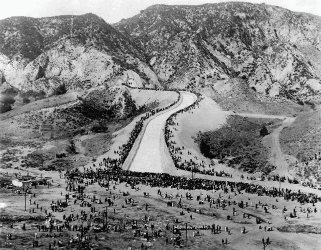 Panoramic view of the opening day celebration of the Los Angeles Aqueduct, November 5, 1913. Construction on the aqueduct began in 1908 after land and water rights were secured from the Owens Valley*