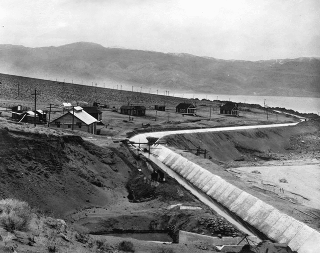 (ca. 1911)* - Owens Valley during the planning and construction period of the Los Angeles Aqueduct. In this view, the aqueduct skirts around Owens Lake, a "dead sea," with no outlet to the ocean.