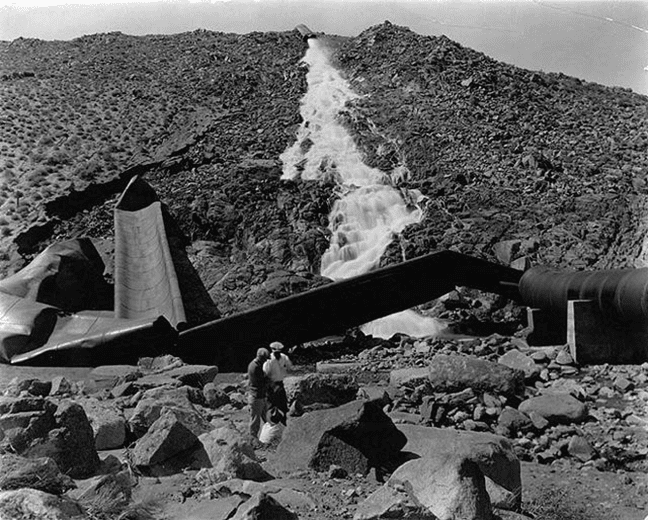 A section of the dynamited Los Angeles Aqueduct in the Owens Valley during the California water wars.