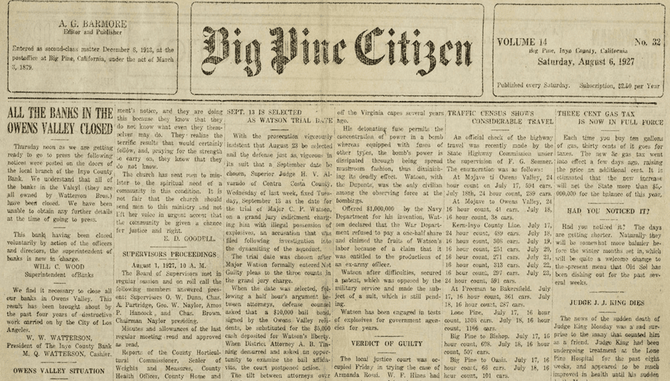 Big Pine Citizen, Big Pine, Inyo County, California, August 6, 1927, announcing the closing of all the Inyo County banks, thus essentially ending the water wars.