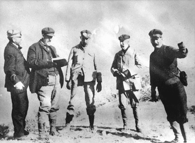 (1906)* - The independent Board of Engineers appointed to review Mulholland’s scheme for the Los Angeles Aqueduct in the Owens Valley. From left, John R. Freeman, James D. Schuyler, Joseph P. Lippincott, Frederick P. Stearns, and William Mulholland.