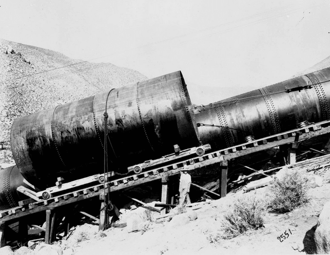 (ca. 1912)* - View shows one of the methods used for hauling pipe sections up the steep canyons.