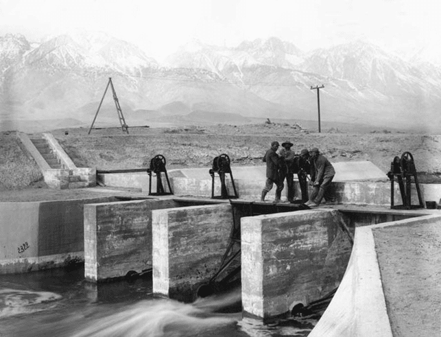 (1913)# - Workers raising the gates at the intake near Aberdeen in Owens Valley.