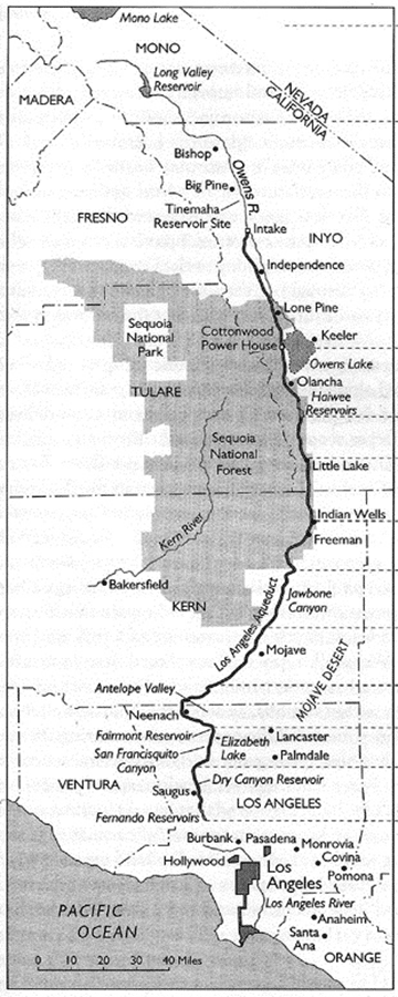 (ca. 1908)**^ - Map showing the full extent of the 233 mile long Los Angeles Aqueduct running from its intake in Owens Valley to the point at which the water cascades down into the northeast San Fernando Valley.
