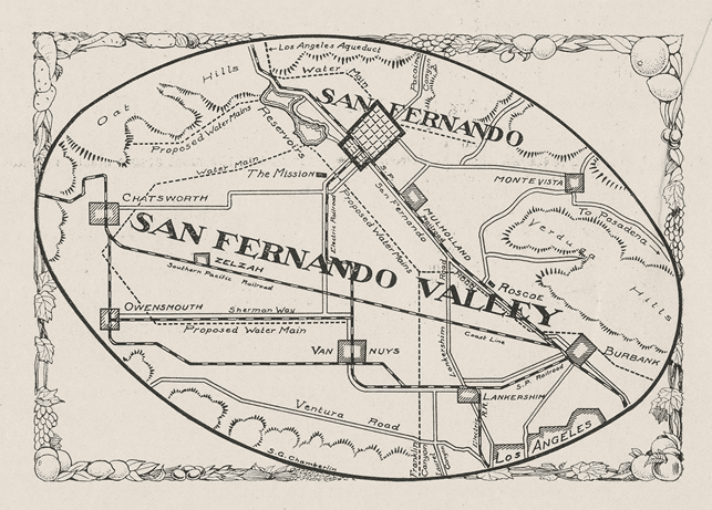 (1913)^*^ - Map of the San Fernando Valley included in the Official Program. The map shows the location of the LA Aqueduct Event as well as how the new Owens River water would be distributed to different parts of the city.