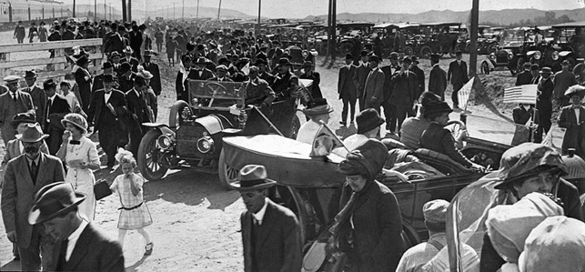 (November 5, 1913)*^ - Crowds arrive for the historical opening ceremony of the Los Angeles Aqueduct. They came by Southern Pacific trains ($1 roundtrip from the Los Angeles terminal), in automobiles, wagons and buggies – and also on horseback.