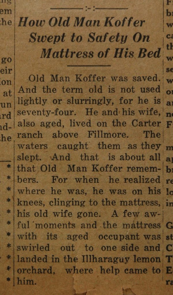 From the Fillmore American, Thursday, March 15, 1928, page 1. Survivors of the St. Francis Dam disaster. 