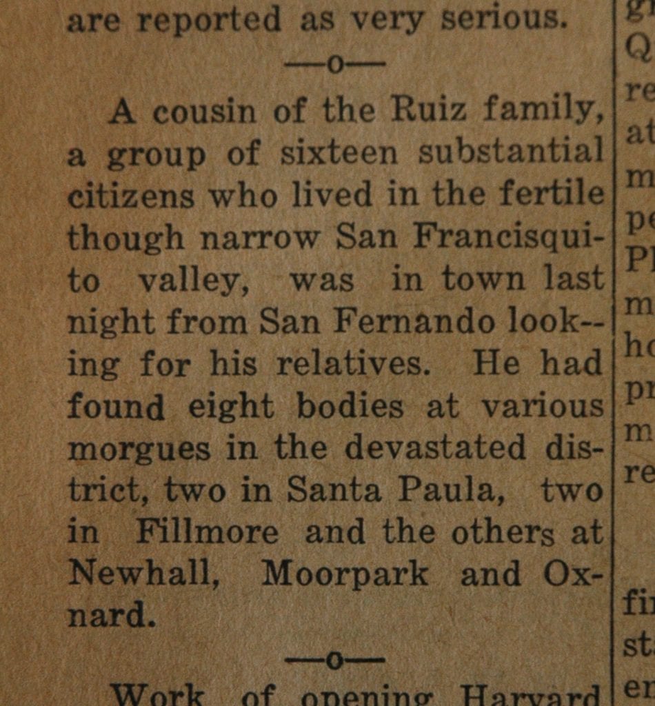 From the Fillmore American, Thursday, March 15, 1928, page 4. Victims and survivors of the St. Francis Dam disaster. 