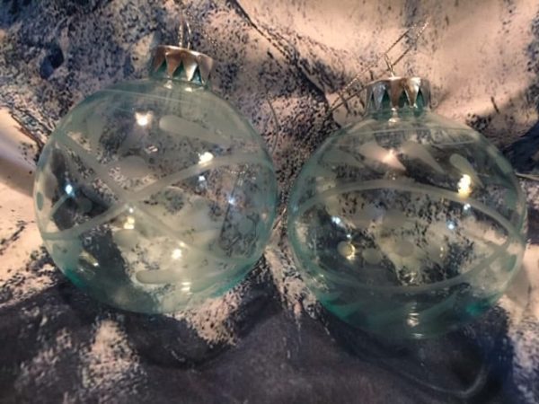 2 lovely hand-etched turquoise glass ornaments