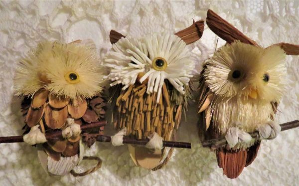 3 Handmade Owl Ornaments Made of Natural Plant Materials