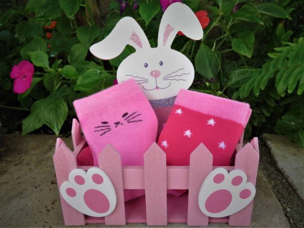 Wooden Bunny Easter Basket with 2 Pairs of Socks for Kids